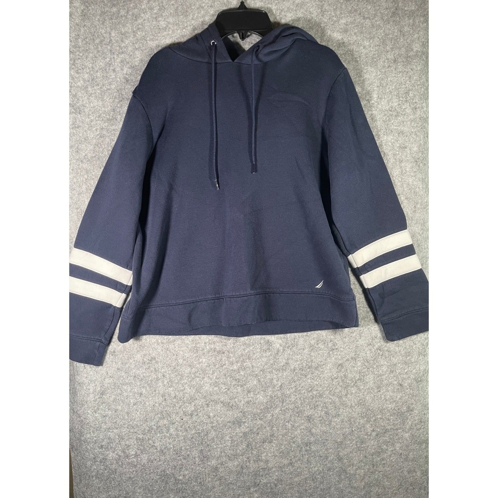 Nautica Mens Navy Blue Pullover Hoodie Varsity‎ Stripe Sleeve J-Class Logo